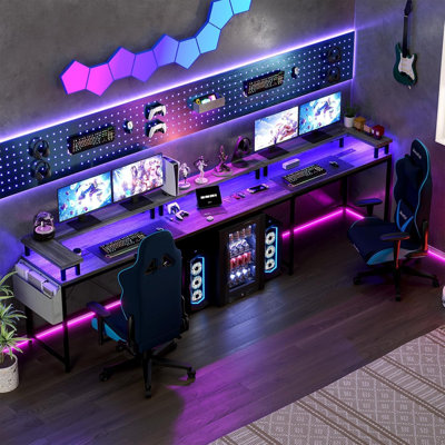 U Shaped Desk with Power Outlets & LED Lights, 79" Extra Large Reversible Corner Office Desk, Monitor Stand & Storage Shelves, Corner Computer Table O by Inbox Zero