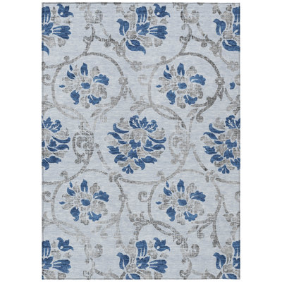 8' X 10' Sky Blue And Gray Floral Washable Indoor Outdoor Area Rug