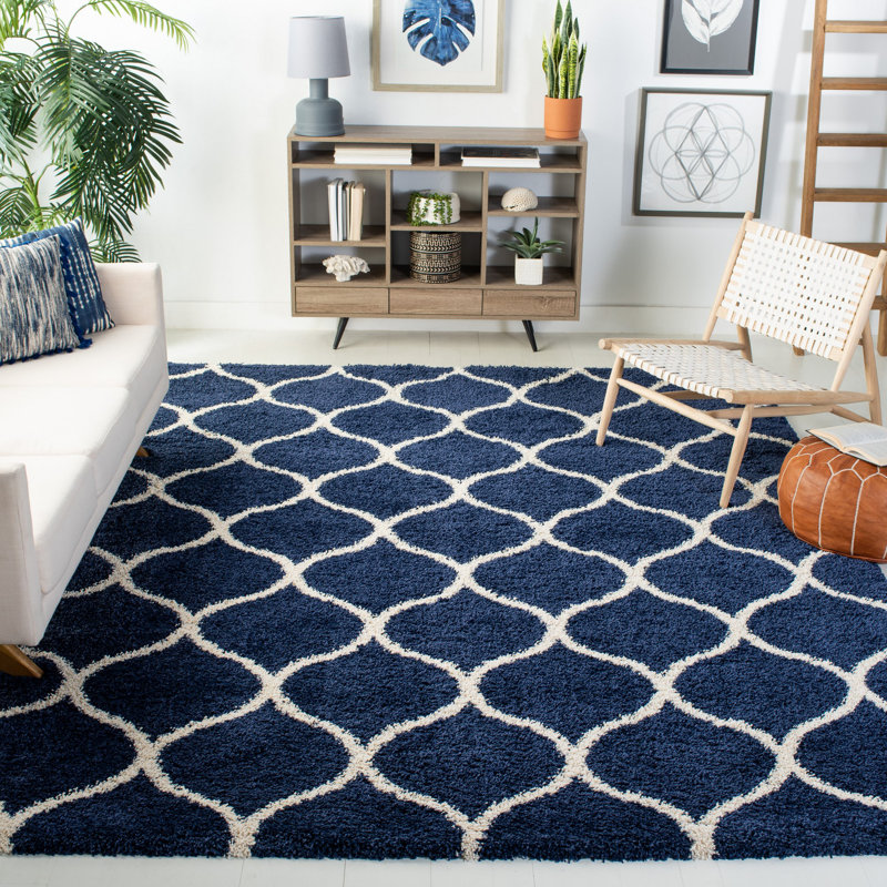 Darrold Shag Performance Geometric Rug, Rectangle 2'3" x 3'9", Navy/Ivory