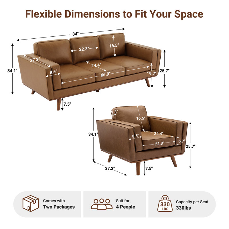 2-Piece Upholstered Square Arm Sofa Set, Brown, 2 Pieces: Sofa, Chair