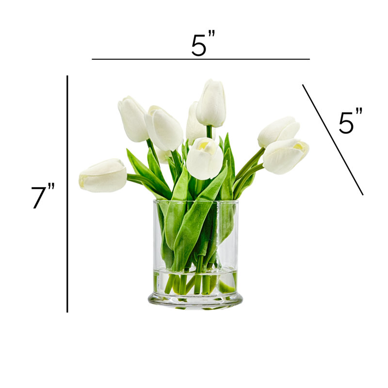 Petite tête en faux tulipes dans un vase, centre de table de petite taille, Mauve / jaune / blanc