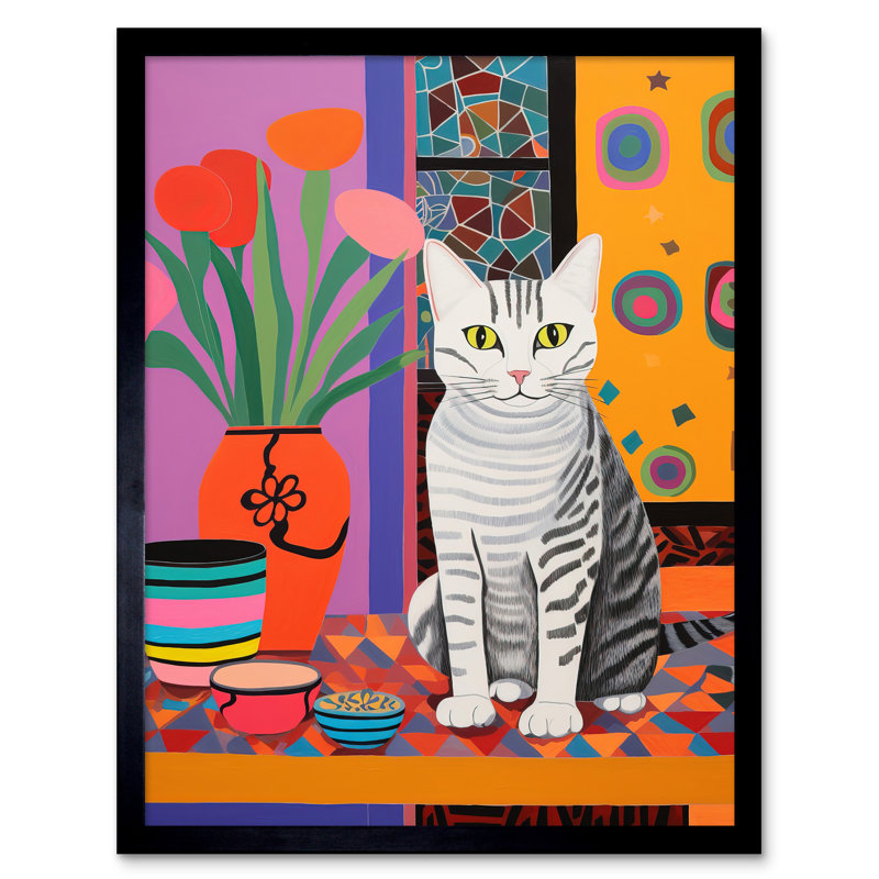 The Stripey Cat Sits Potted Flower Henri Matisse Style - Single Picture Frame Print