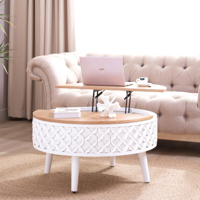 Table basse ronde avec rangement - table d'appoint relevable de 31,5 po, mobilier de salon style campagne moderne Boho, base sculptée blanche avec plateau en bois naturel