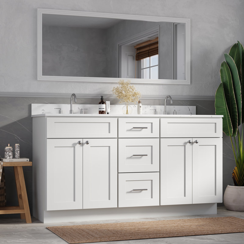 Meuble-lavabo double autoportant 63 po avec plateau en quartz Carrara, 63 po, 3 tiroirs, Blanc