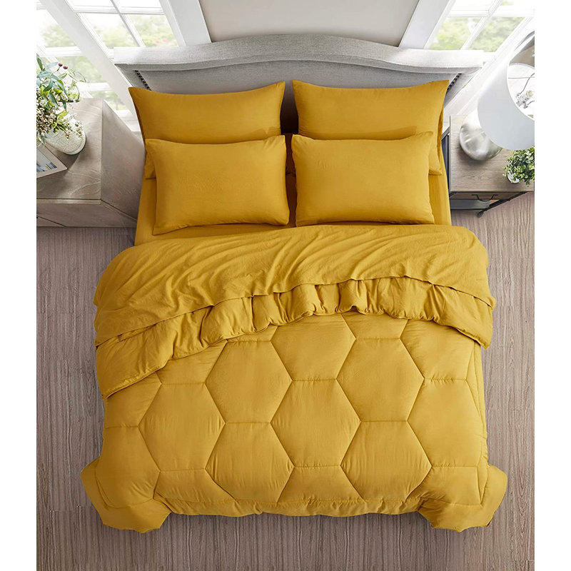 Washed Microfiber 7-Pieces Honeycomb Comforter Set with Sheets, King Comforter + 6 Additional Pieces, Mustard Yellow