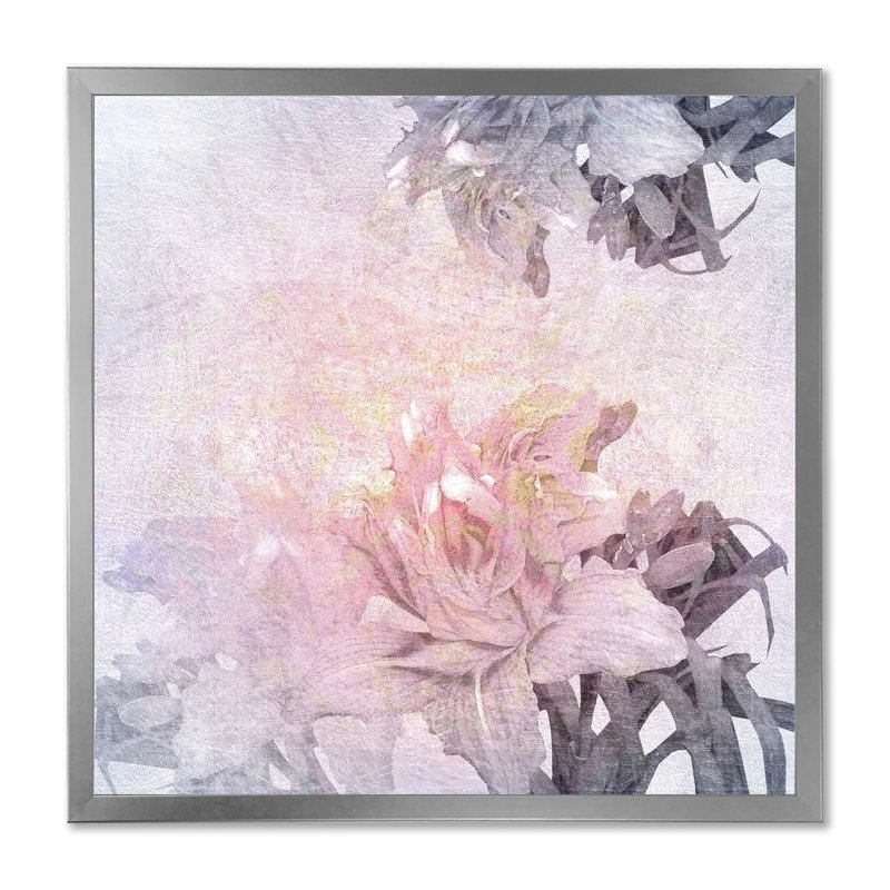 Fleurs roses rétro - peinture, Cadre photo argenté, H 36 po x l 36 po x P 1,5 po
