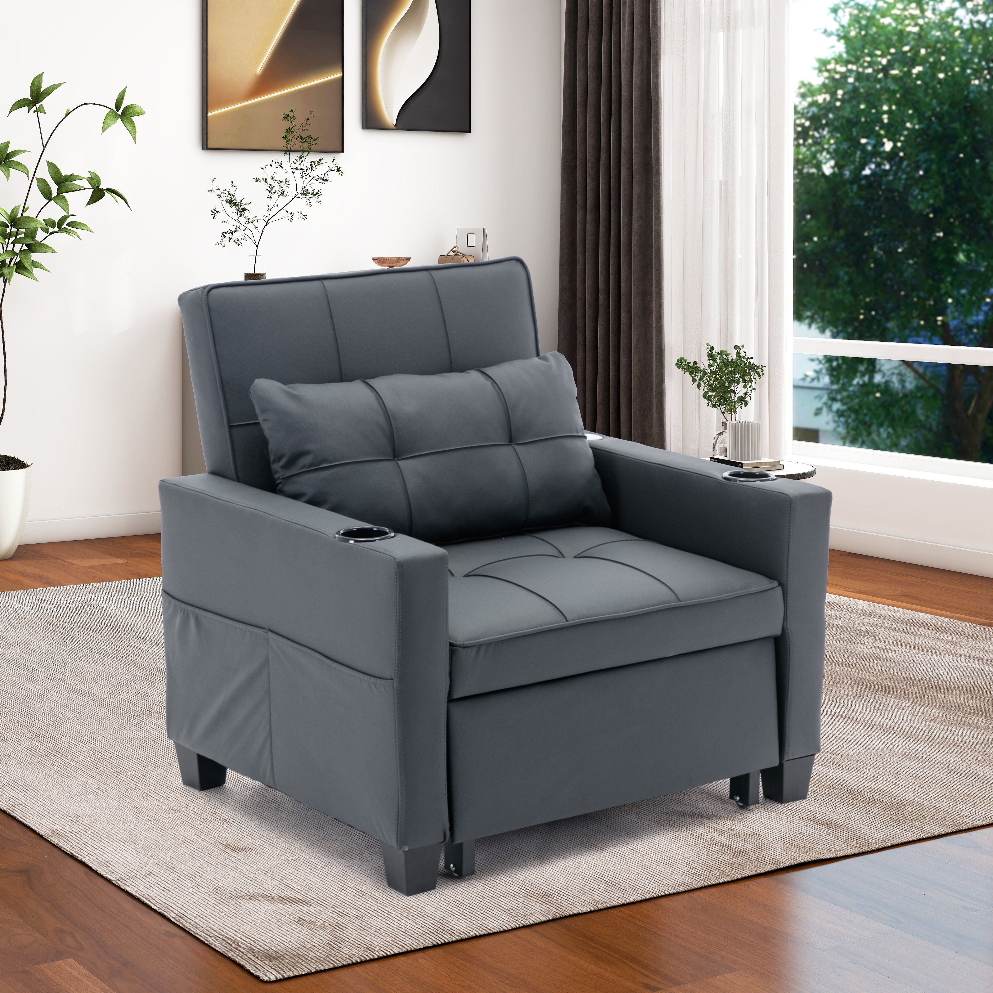 Bertrice 34.3'' Wide Tufted Convertible Chair Latitude Run Body Fabric: Black Polyurethane