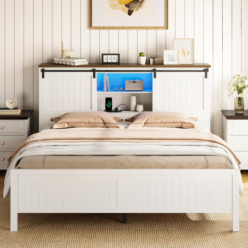 Farmhouse Bed Frame with LED Lights and Charging Station, Full