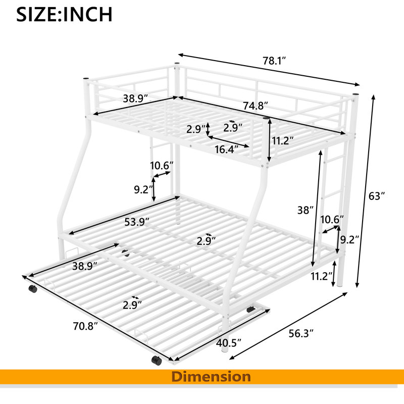 Lit simple sur lit double avec structure en acier robuste, lit superposé avec lit gigogne simple, Blanc