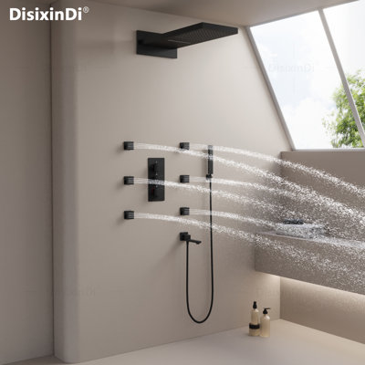 Wall Mounted Waterfall & Rain Shower Head Matte Black Shower Faucet Set, Rough-In Thermostatic Valve Included