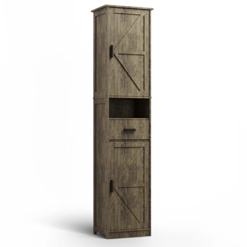 69" H Tall Bathroom Storage Cabinet With 2 Barn Doors And 1 Drawer, Gray