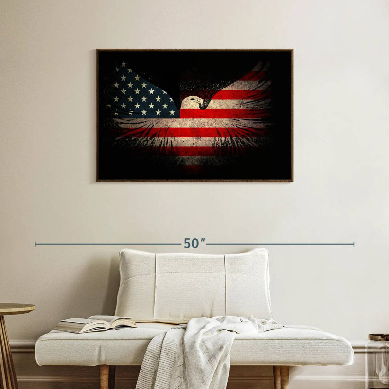 Aigle américain et drapeau, 37 po x 25 po, Cadre flottant en noyer