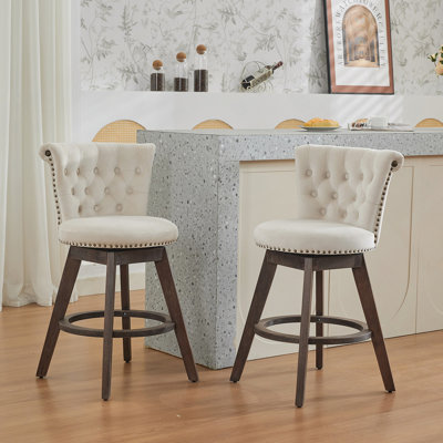 Swivel Bar Stools Set With Back And Hand-Tufted Edges, Upholstered In Velvet, Offering Comfort And Style For Kitchens And Bars
