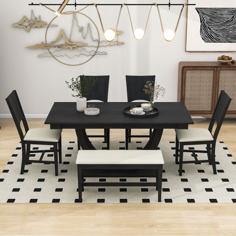 Burg 6 - Piece Pedestal Dining Set, Kitchen Table Set with Bench and 4 Dining Chairs, Gray