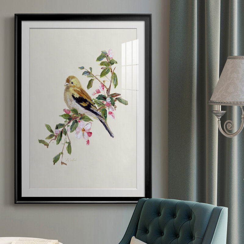 Spring Spring Pine Grosbeak - peinture encadrée, H 30,5 po x l 42,5 po x P 1,5 po, Noir