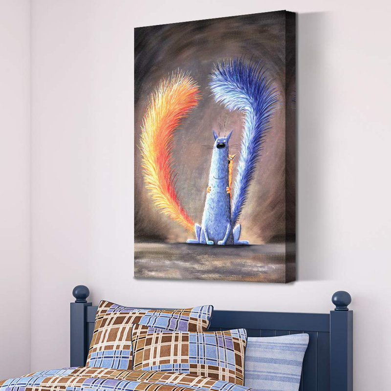 Idea4wall, joli chat à queue, reproduction d'art sur toile, rouge et bleu, H 18 po x l 12 po x P 1,5 po
