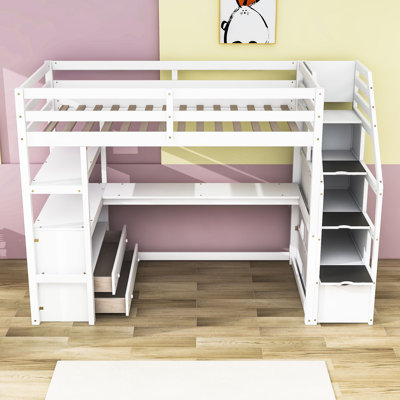 Finck Wooden Loft Bed with Desk,Staircase and Shelves