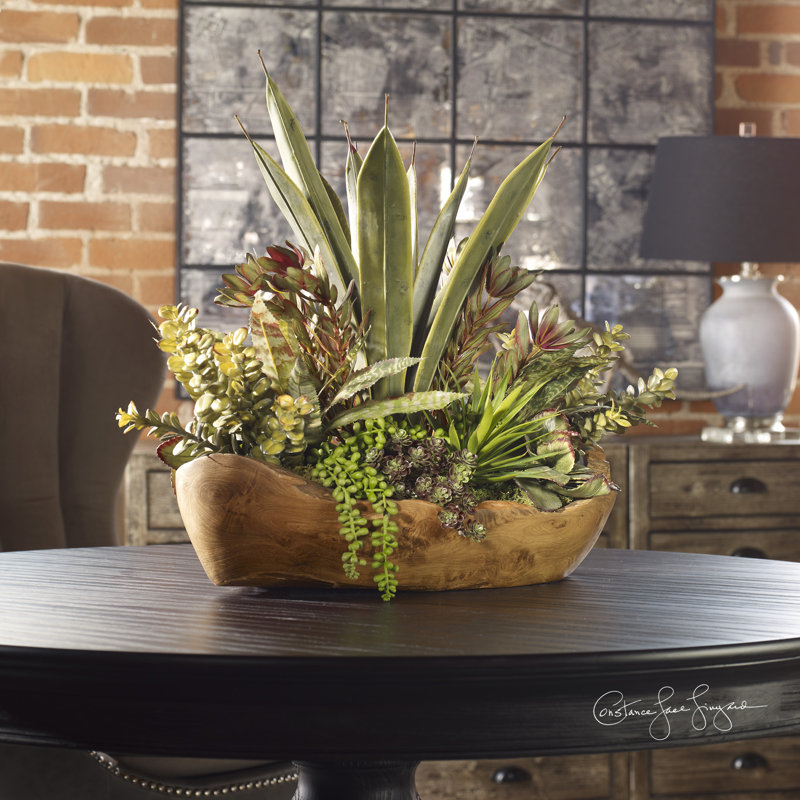 Salar 22'' Faux Succulent Arrangement in Teak Planter