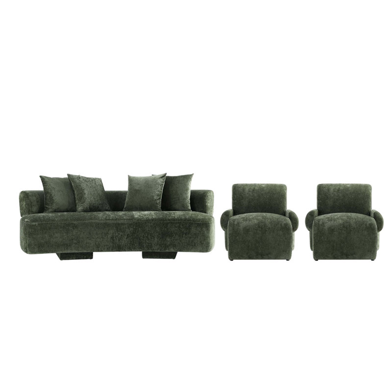 Giovedi 3-Piece Modern Chenille 90.6" Sofa and 2 Accent Chairs Set, Giovedi Green Chenille