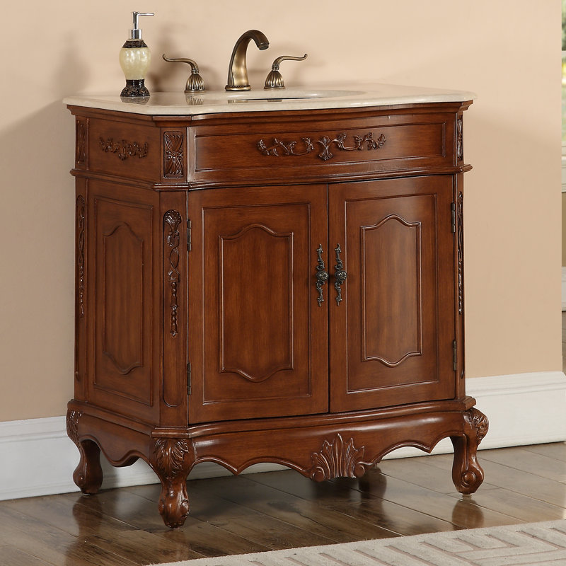 32'' Single Bathroom Vanity with Marble Top, Teak
