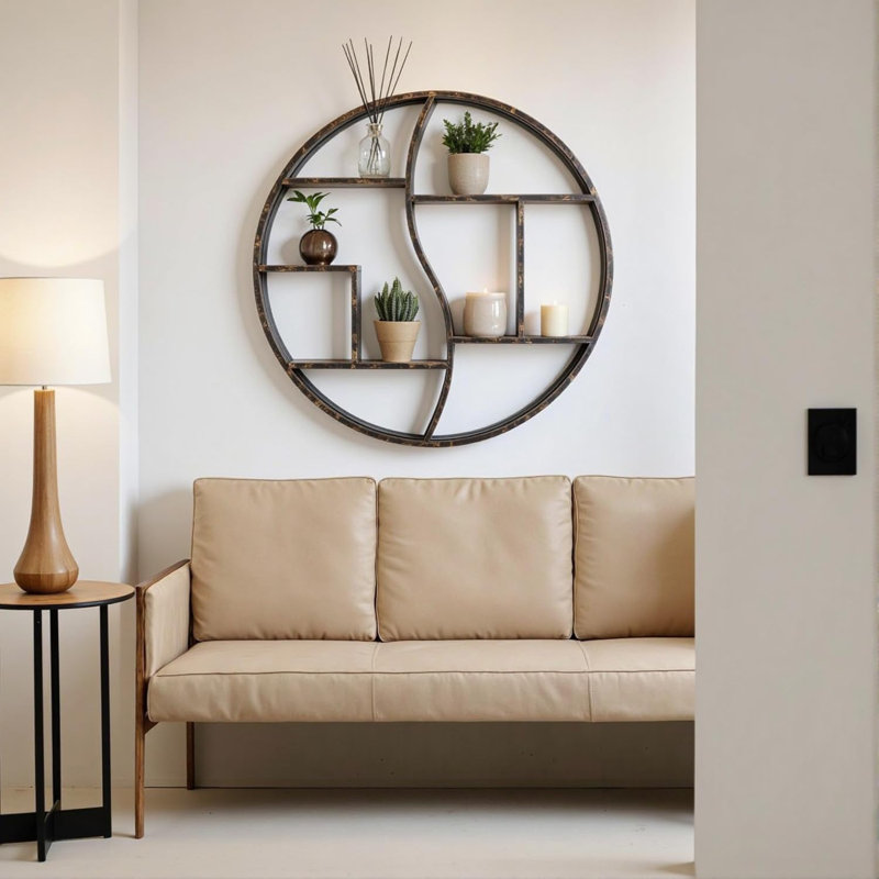 Étagère murale ronde, tablettes en bois flottantes en métal de 24 pouces, étagère de rangement murale rétro rustique pour cheminée, salon, salle de bain