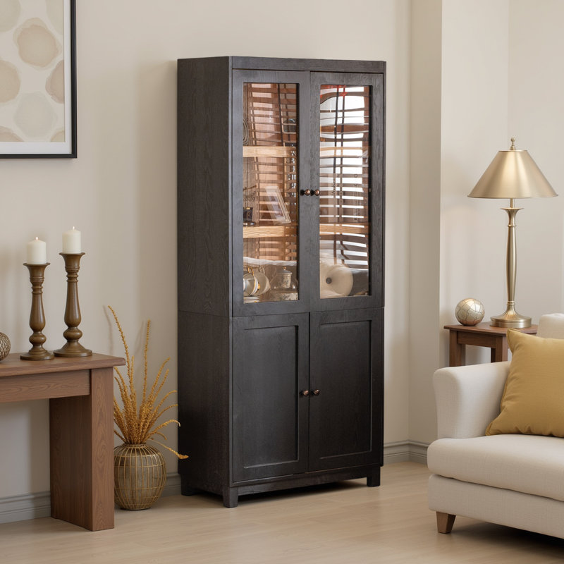 Modern Tall Display Cabinet with Glass Doors, Curio Cabinet for Collectibles & Trophies, Ideal for Living Room & Hallway