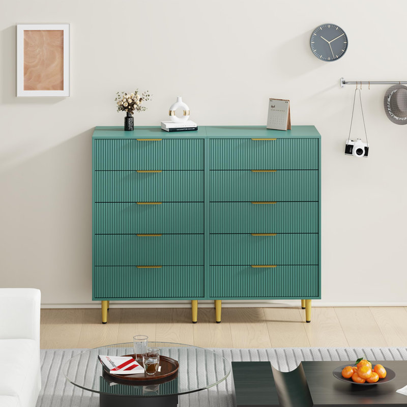 Commode cannelée en bois à 3 tiroirs avec poignées et pieds en métal - Commode noire moderne pour chambre à coucher, salon, couloir