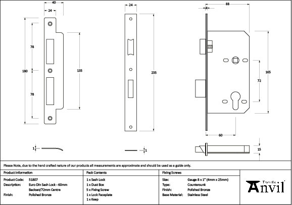 Euro Din Sash Lock, Polished Bronze