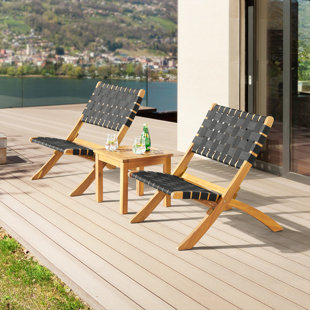 Barre 3 Pc Acacia Wood Outdoor Bistro Set Two Folding Chairs and 16 in. Table Weather-Resistant Conversation Set Sturdy Black Woven Poly Seats, Outdoor Furniture, Patio, Deck, Backyard