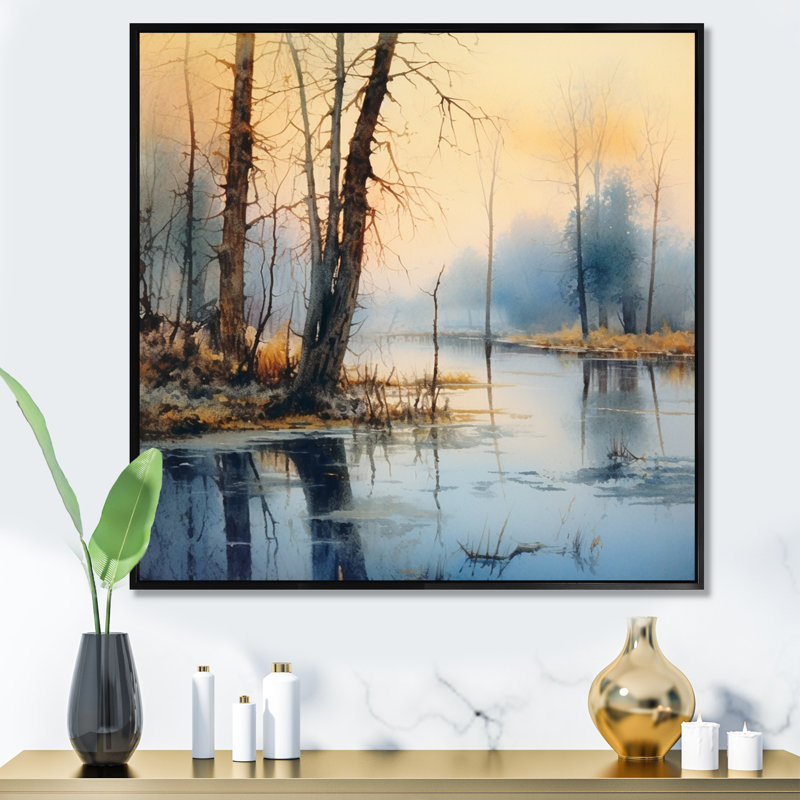 Été, paysage de lac, Illustration IV - Paysages, art mural, salon, Black Picture Framed, 30" H x 30" W