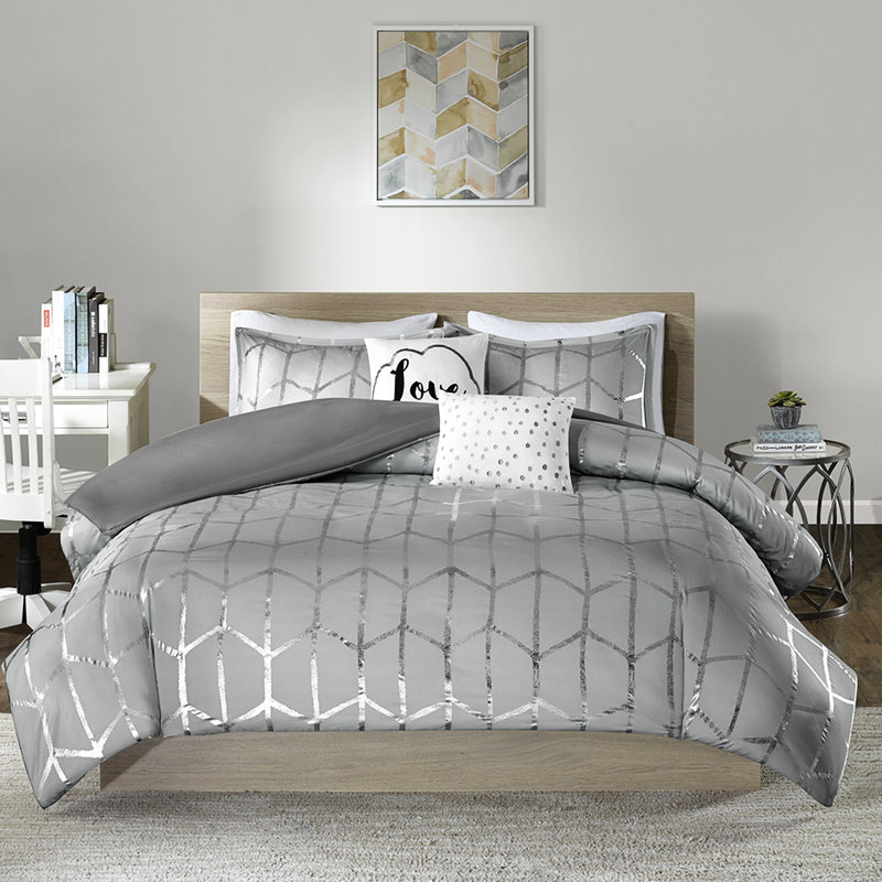 Housse de couette très grand / très grand avec ornement géométrique métallique gris et argent, Gris/argent