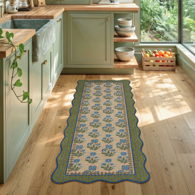 Tapis de patio extérieur festonné à motif floral facile en jute, tapis de cuisine antidérapants pour porte d'entrée