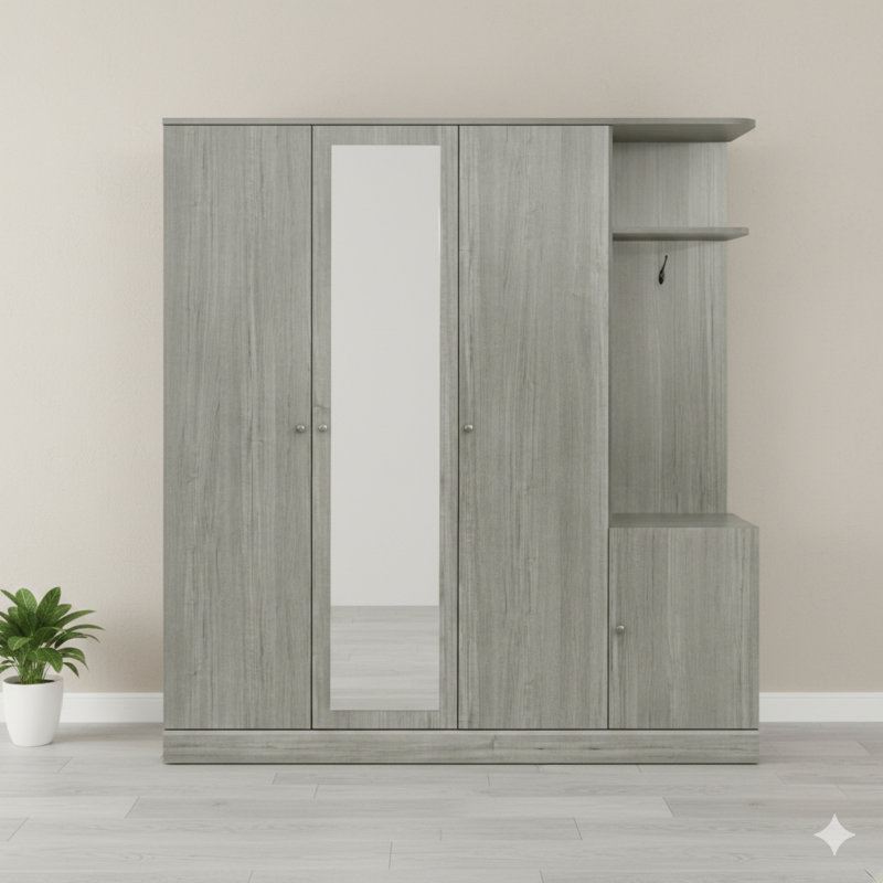 Unité de rangement pour vêtements à quatre panneaux avec tablettes, compartiments de rangement et surface réfléchissante pleine hauteur, finition grise