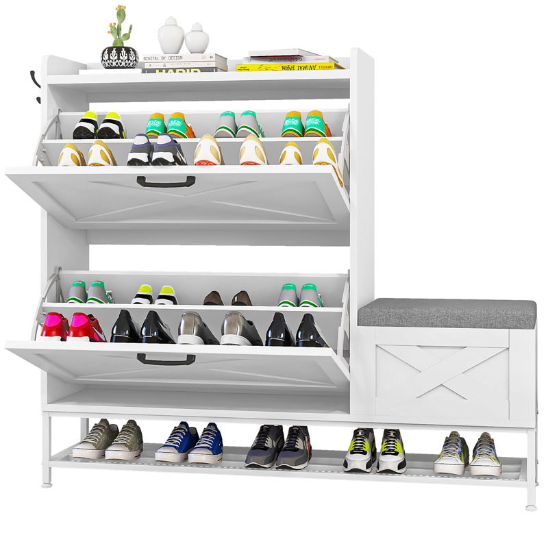 16 Pairs Farmhouse Shoe Storage Cabinet with Shoe Bench, White