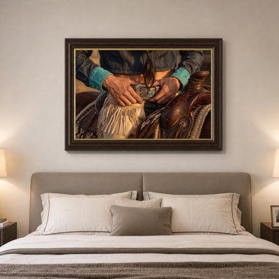 Cowboy Hands Holding Silver Belt Buckle with Turquoise Cuffs Canvas Wall Art