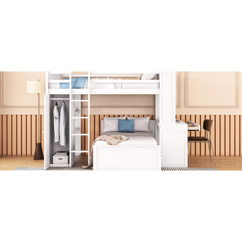 Lit mezzanine blanc avec lit double, lit simple, tablettes, bureau et garde-robe. Maximisez l'espace de la chambre à coucher. Pin. H 65 po x l 78,7 po x L 94,8 po. Pour les familles avec des meubles autonomes. Fabrication solide. Augmenter