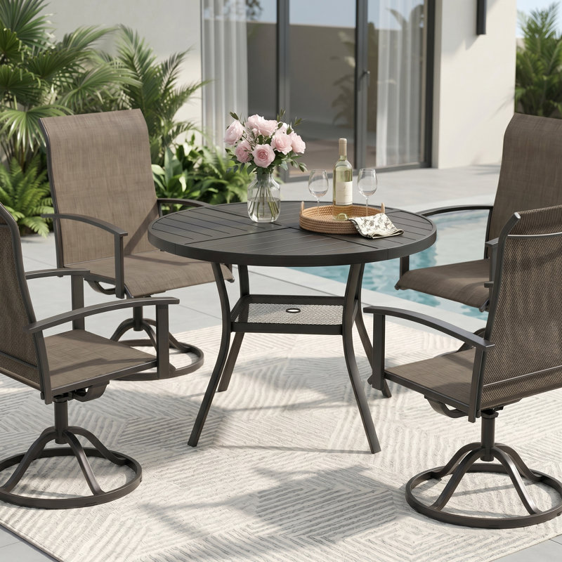 Ensemble repas pour 4 personnes avec chaises pivotantes en polyester enduit de PVC, Noir / brun