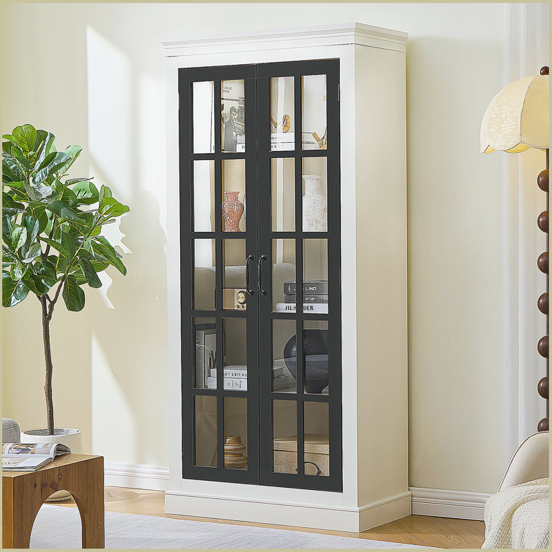 Garde-manger avec porte vitrée, vitrines avec rangement, Noir / crème / blanc