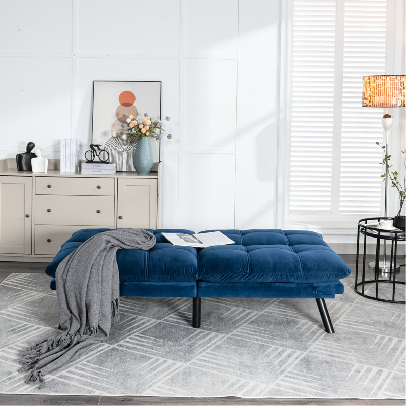 Lit pliant bleu marine convertible avec réglage, lit chaud et relaxant pour les petits espaces.