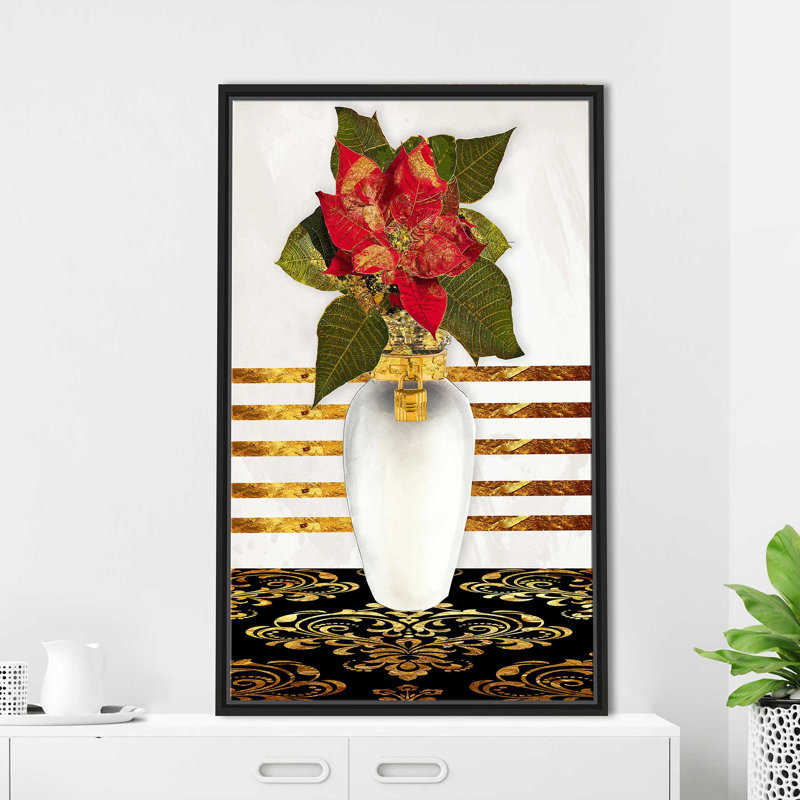 Poinsetta In Gold (Vertical) par By Jodi - impression, H 43,5 po x l 27,5 po x P 2 po, Cadre flottant noir