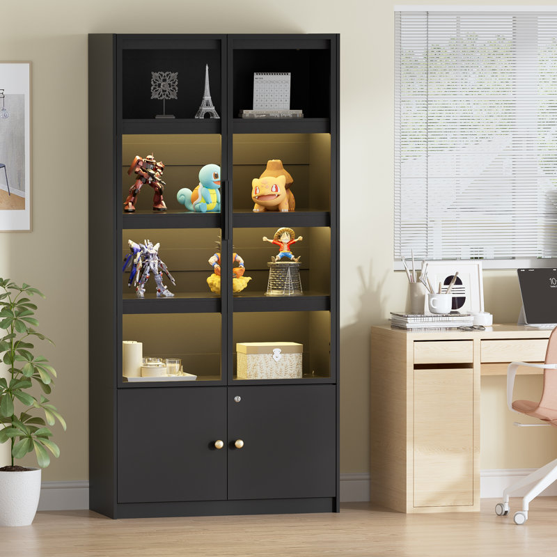 Vitrine avec portes en verre, armoire de rangement à 5 niveaux avec lumière 3 couleurs