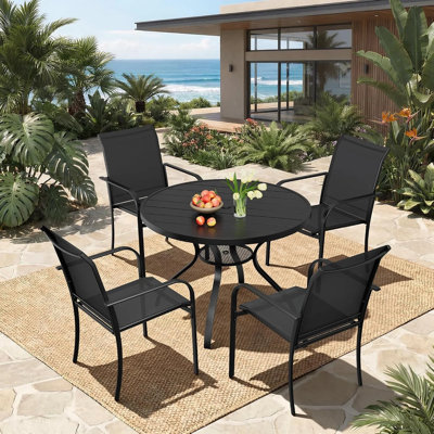 4-Person Patio Dining Set with Square Metal Dining Table and Stackable PVC-coated polyester Armrest Chairs (Black)