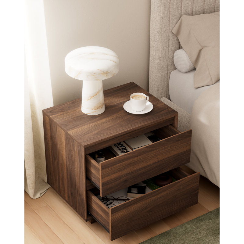 21.6" Wide Farmhouse 2-Drawer Nightstand – Wood Grain Finish, Compact Bedside Table, Set of 2, Brown
