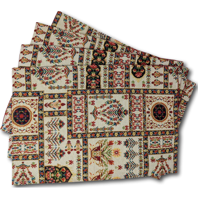 Traditional Persian-Inspired Tapestry Placemat Set –Elegant Woven Table Mats, Beige