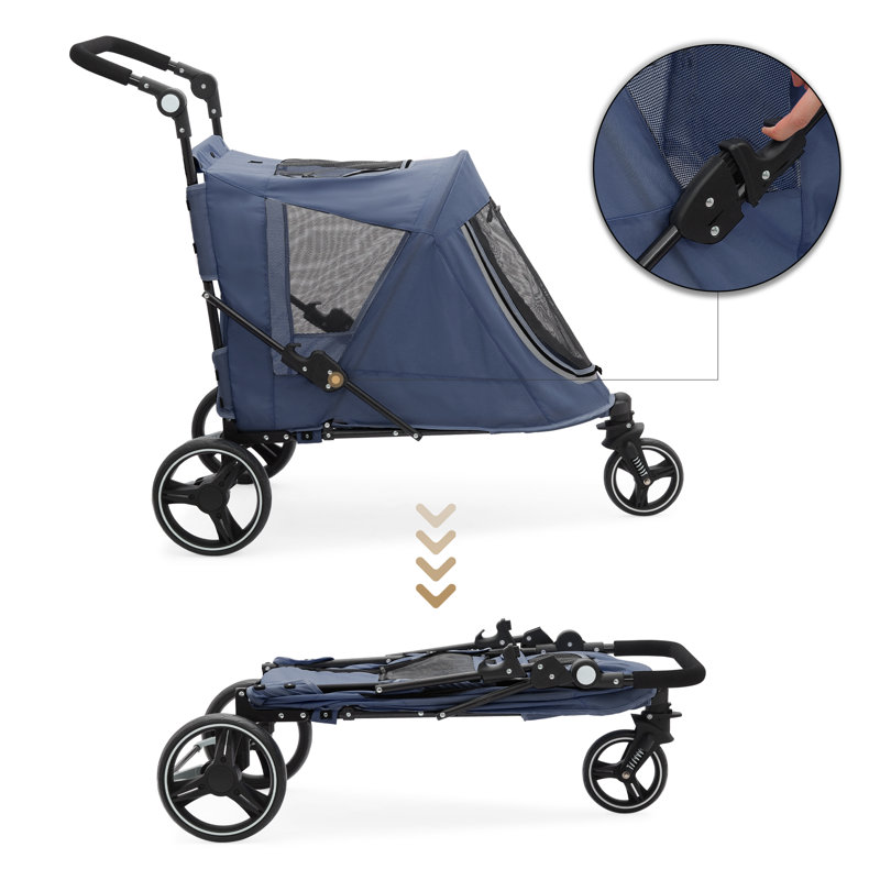 Folding 3 Wheel Pet Stroller, Foldable Dog Jogger Stroller with Adjustable Handlebar and Mesh Window, Blue