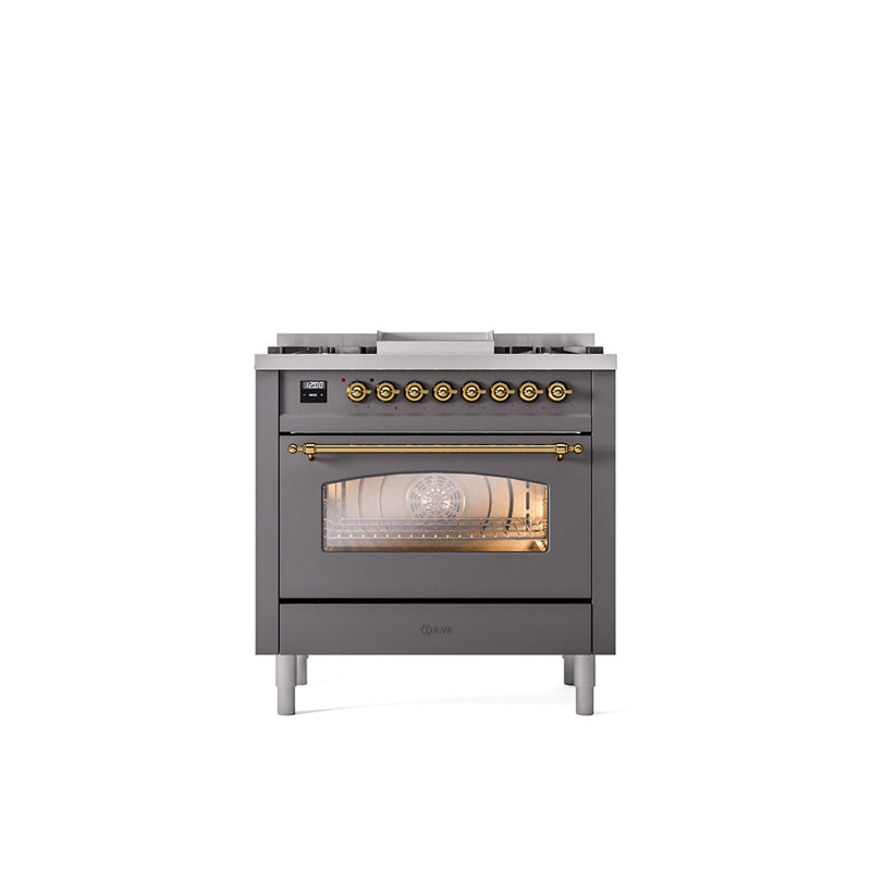 ILVE Nostalgie II 36 Dual Fuel Range, knobs, Graphite Matte/Brass, Liquid Propane