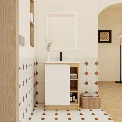 Meuble-lavabo autoportant de 24 po avec lavabo en céramique à rebord mince, chêne clair, porte simple avec tablettes ouvertes à 4 niveaux, armoire KD, panneaux de porte bicolores (blanc et noir), fabrication en contreplaqué