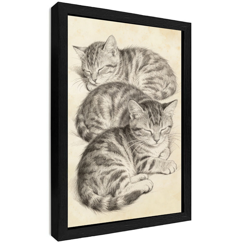 Reproduction d'art encadré noir rétro avec trois chats endormis, H 11 po x l 9 po