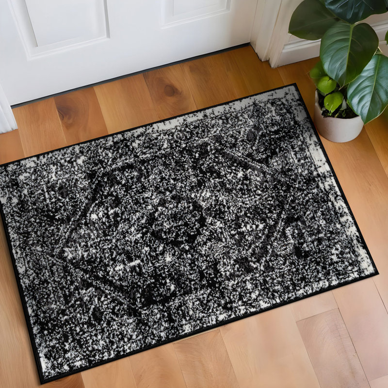 Tapis noir ivoire rétro à médaillon, Rectangulaire 2 pi x 3 pi