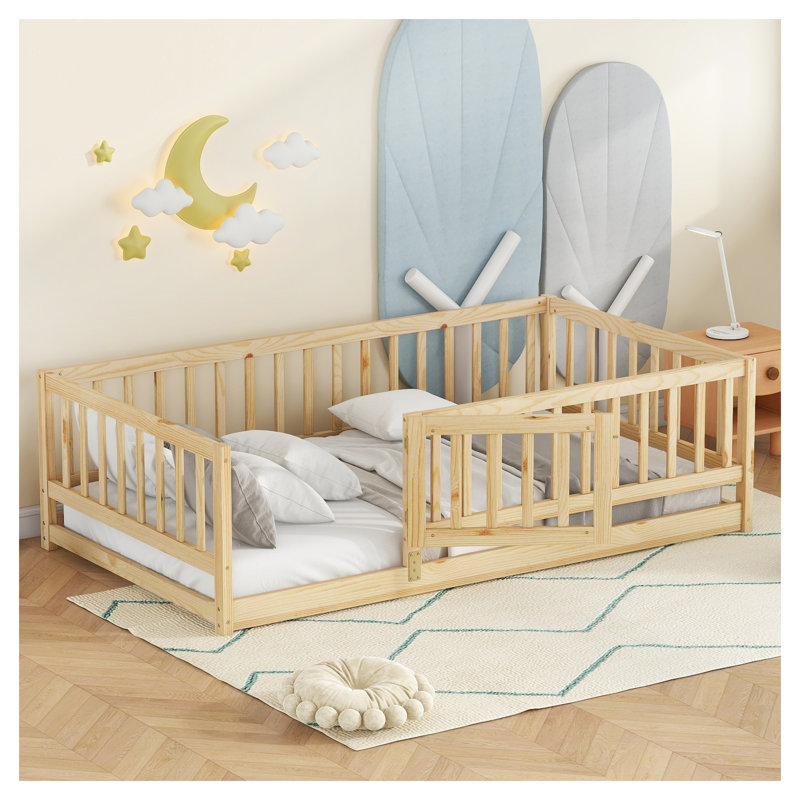 Lit de sol avec barrière de sécurité et porte Montessori, Lit simple, Brun